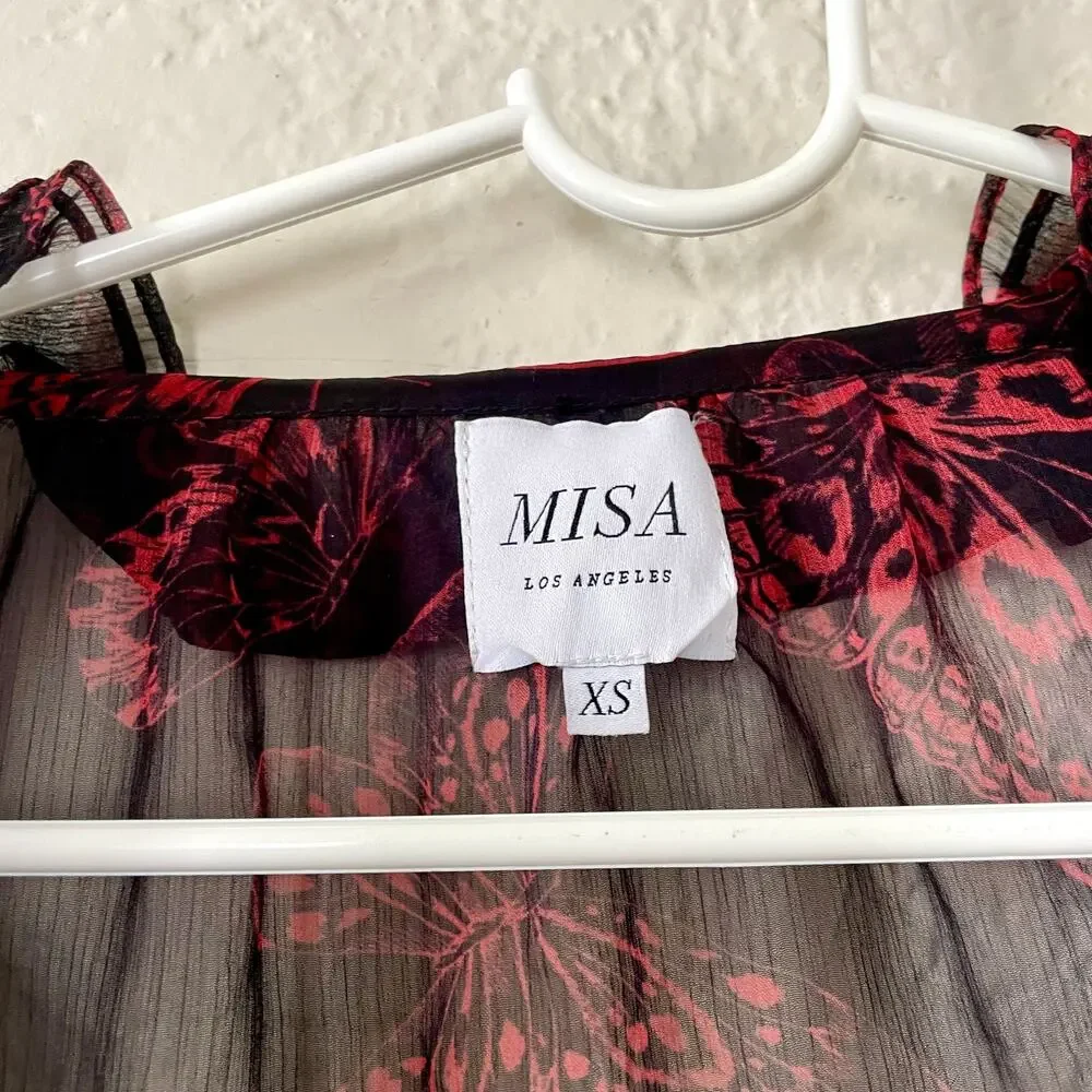 MISA Los Angeles Frida Butterfly Sheer Blouse Ruffle Puffy Sleeves sz XS X-Small - Picture 8 of 13